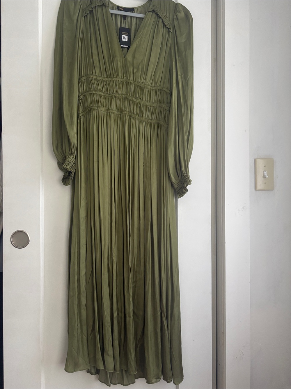 Maje Olive Green Pleated Maxi Dress with Bishop Sleeves - Picture 2 of 3